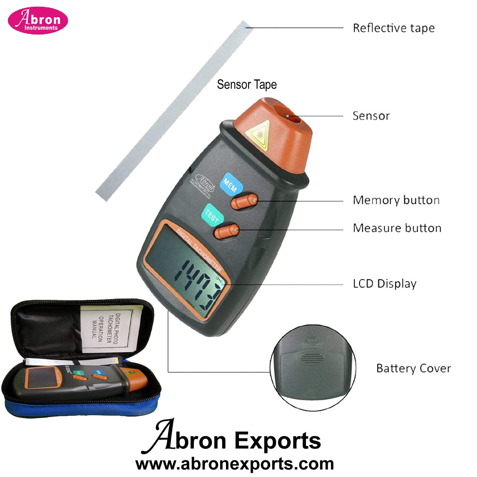 Tachometer RPM Speed Digital 5-19,999 RPM Non Contact Photo, Memory Max, Min Last Value With Battery Portable AE-1329TB2